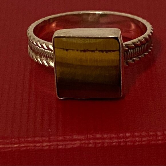 RING STERLING SILVER TIGER EYE STONE BROWN SQUARE CABLE SHANK SIZE 12 - Picture 4 of 9